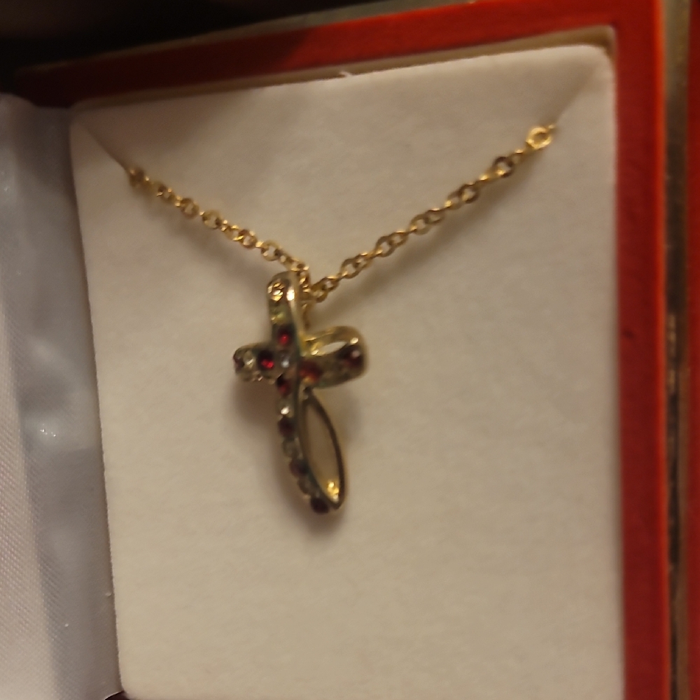 Gold Cross Pendant Necklace with Red Accents